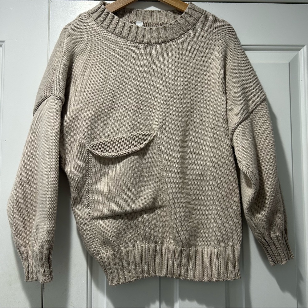 Cozy Neutral Knit Sweater with Front Pocket